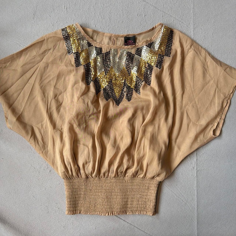 2b Bebe Nude Sequin Batwing Dolman Top Smocked Waist Small